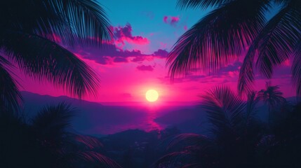 Obraz premium Vibrant sunset over tropical vacation destinations framed by swaying palm trees Stock Photo with side copy space