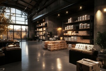 A 3D-rendered scene of volunteers stacking food supplies in a warehouse, with realistic lighting and textures highlighting the details of their efforts