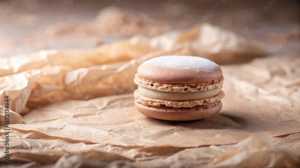 Poster a single delicate macaron with light brown shell and creamy filling, resting on crumpled parchment p