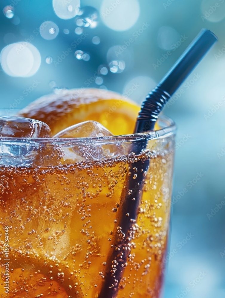 Poster refreshing glass of freshly squeezed orange juice with ice cubes and a straw enjoyed on a sunny afte