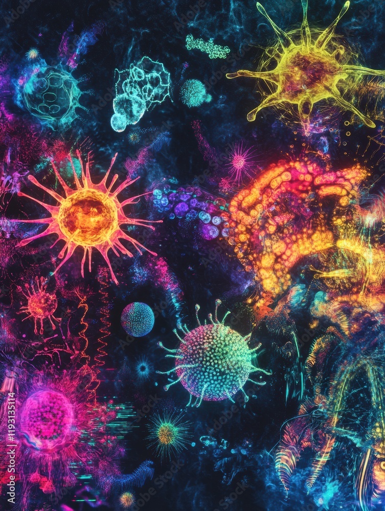 Aufkleber magnified viruses displayed in a vibrant scientific visualization showcasing their diverse shapes an