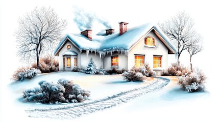 Cozy Snowy House in Winter Landscape with Icicles and Smoke from Chimney