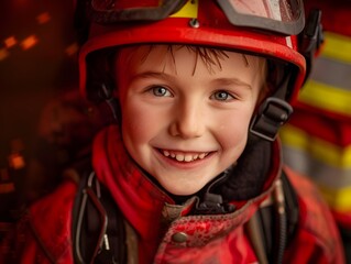 Happy young child dressed in firefighter gear smiling brightly, showcasing joy and enthusiasm for firefighting, capturing the spirit of bravery and community service.