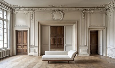 White chaise lounge in ornate French palace ballroom with parquet floor and wooden doors