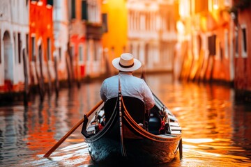 A gondolier leaning on their boat, framed by the reflections of colorful buildings in the water