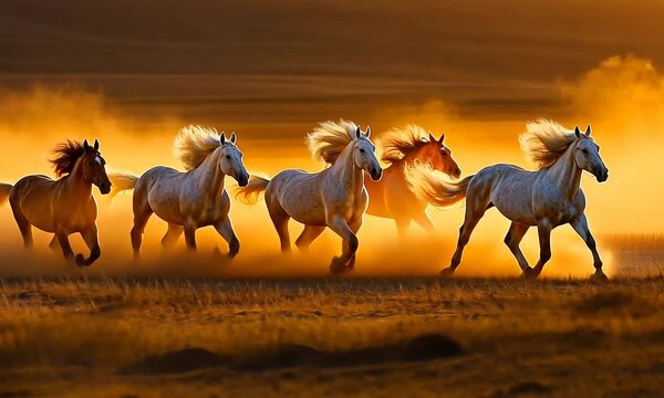herd of horses running on the field