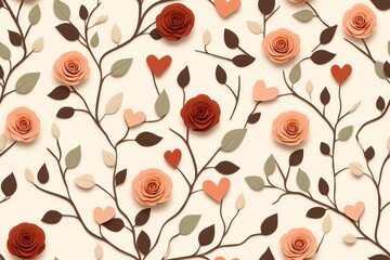 A beautifully crafted Valentine&rsquo;s Day pattern showcasing elegant roses, heart shapes, and delicate green leaves intertwined with flowing brown stems.