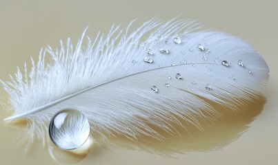 White feather with water drops and a crystal ball on a reflective surface