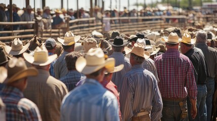 A busy livestock auction with a crowd of farmers and ranchers bidding on livestock, with auctioneers calling out prices.