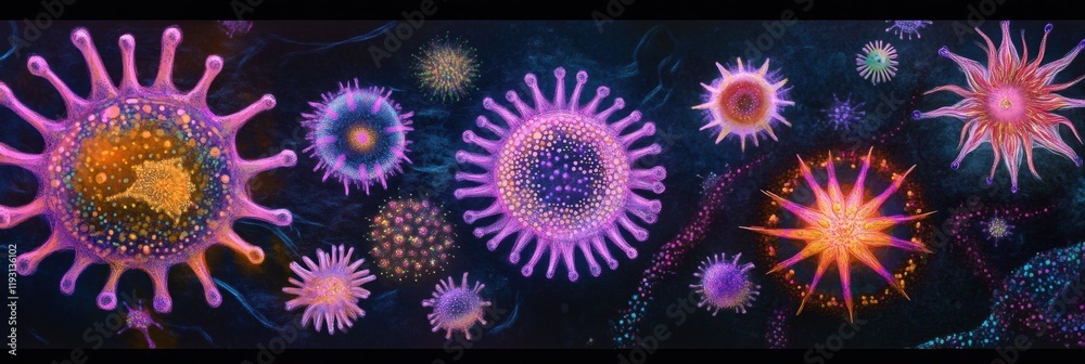 Aufkleber magnified view of colorful viruses showcasing diverse shapes and structures in a scientific illustra