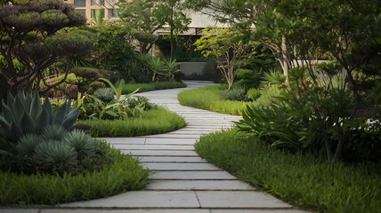 A curving stone pathway meanders through a meticulously landscaped garden. Lush green plants, shrubs, and trees create a tranquil, modern oasis.