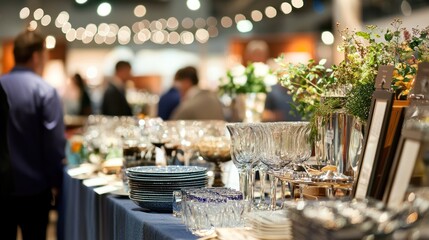 A variety of auction items set up in an elegant display at an upscale event, with participants eyeing the lots.
