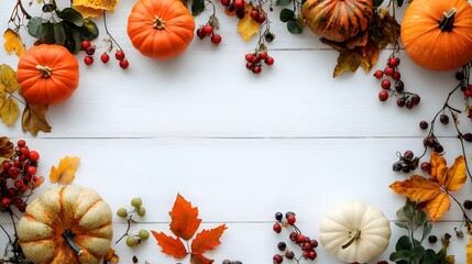 Autumn Harvest Pumpkins Leaves Berries White Background