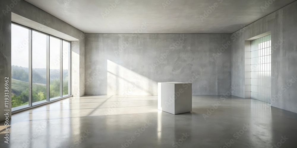 Poster modern minimalist room with white cube and large window