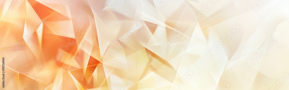 Poster vibrant abstract design featuring overlapping translucent triangles in warm shades of peach, orange,