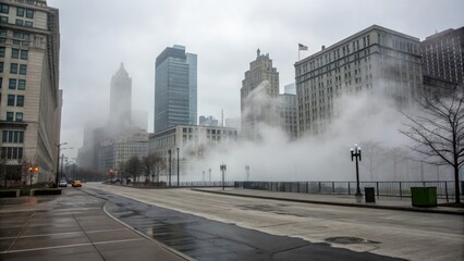 Fototapeta premium A misty cityscape with fog and steam covering the buildings on a dull grey urban background, serene, fog