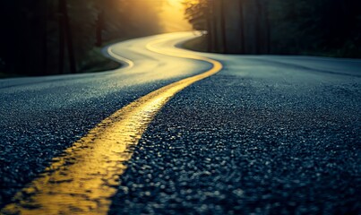 Winding forest road at sunset