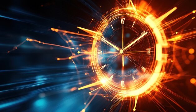 Futuristic clock exploding with light speed time travel concept