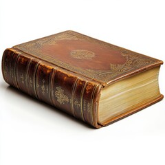 Obraz premium Vintage leather-bound book with gold embossing resting on a white background showcasing timeless craftsmanship and elegance