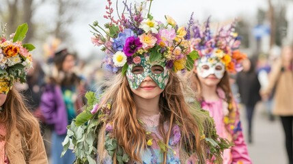 Obraz premium Whimsical carnival parade celebrates spring with floral masks and colorful outfits in a vibrant outdoor event