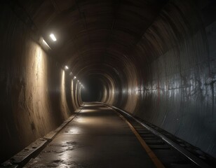 A narrow and dark tunnel illuminated by an intense bright light at its terminus, shines, brightness, intense light