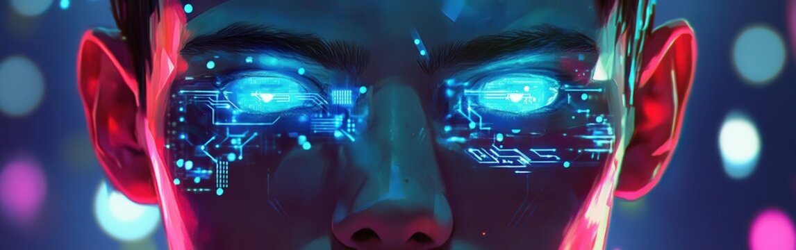 Vibrant portrait showcasing a man's face illuminated by glowing circuit boards and radiant blue eyes - Powered by Adobe