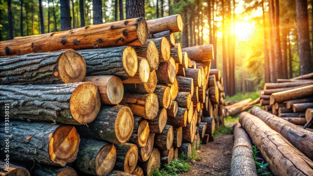 Poster a stack of freshly cut logs in a sun-dappled forest, ready for transport and processing