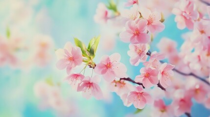 Delicate pink cherry blossoms against a soft blue background, capturing the essence of spring's beauty and tranquility