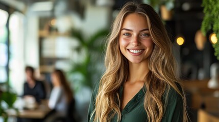 Professional woman smiling confidently in a modern office workspace with a collaborative atmosphere