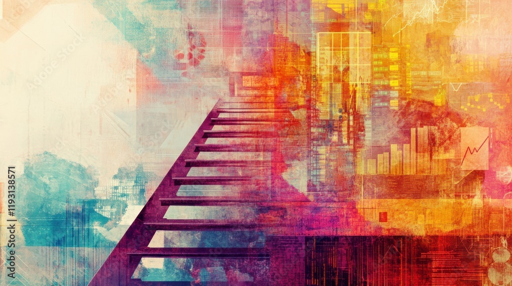 Poster visual representation of financial growth through a vibrant ladder and analytics overlay illustratin