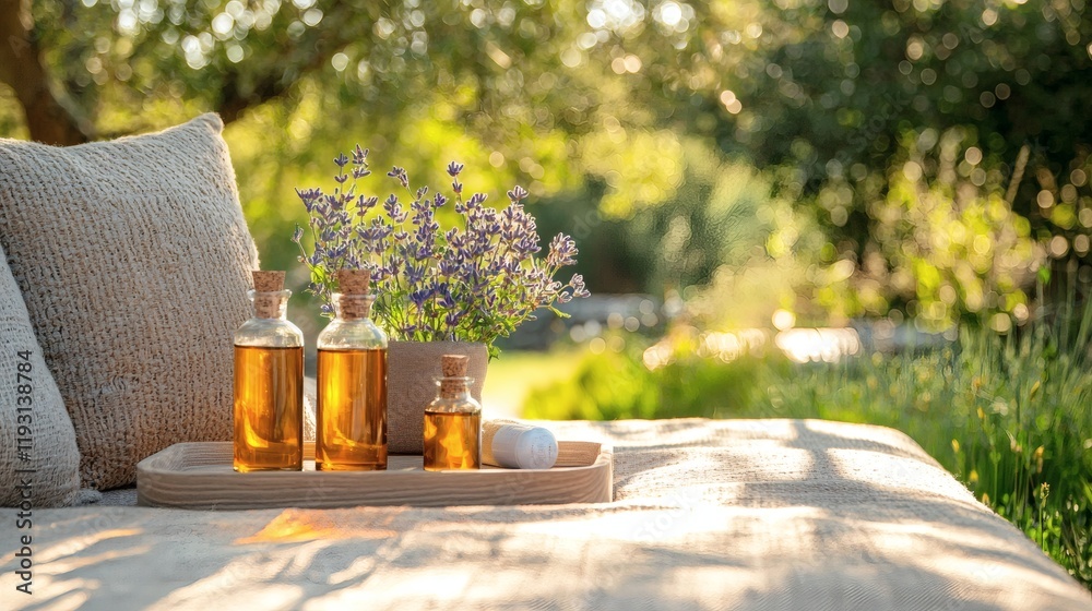 Poster 12011935 02 a serene spa setup featuring essential oils and herbs for holistic health approaches sto
