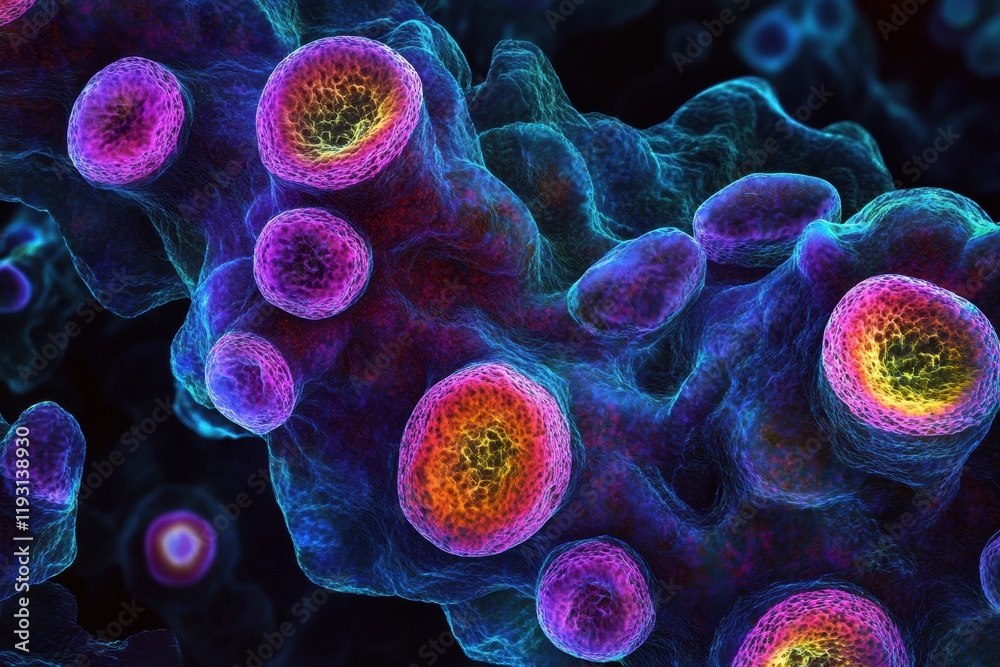 Fototapete Magnified view of colorful viruses showcasing intricate structures and vibrant details in a scientific exploration. Generative AI