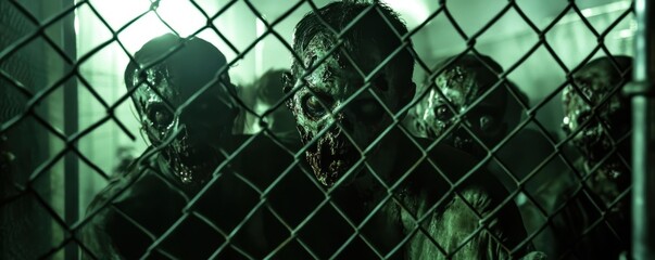 Haunting Urban Zombies Trapped Behind Chain Link Fence Faces Pressed Against Metal