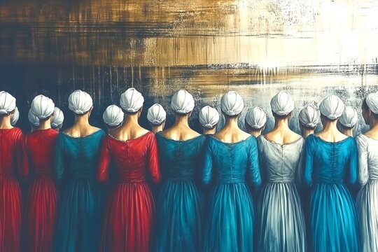 Illustration of group of women wearing handmaid style dresses and white hats standing beside a wall. Dystopian submission culture. Followers of a sect. Cult concept.