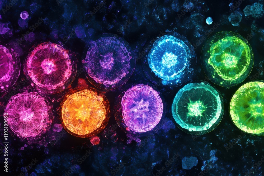 Fototapete magnified view of colorful viruses showcasing vibrant details and intricate structures in a scientif