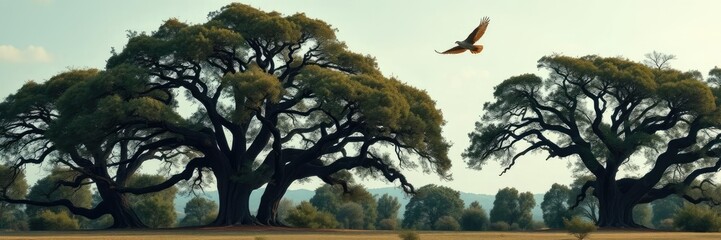 A picturesque backdrop of a stand of ancient oak trees swaying gently in the breeze and a bird soaring overhead, bird flight, autumnal, oak trees