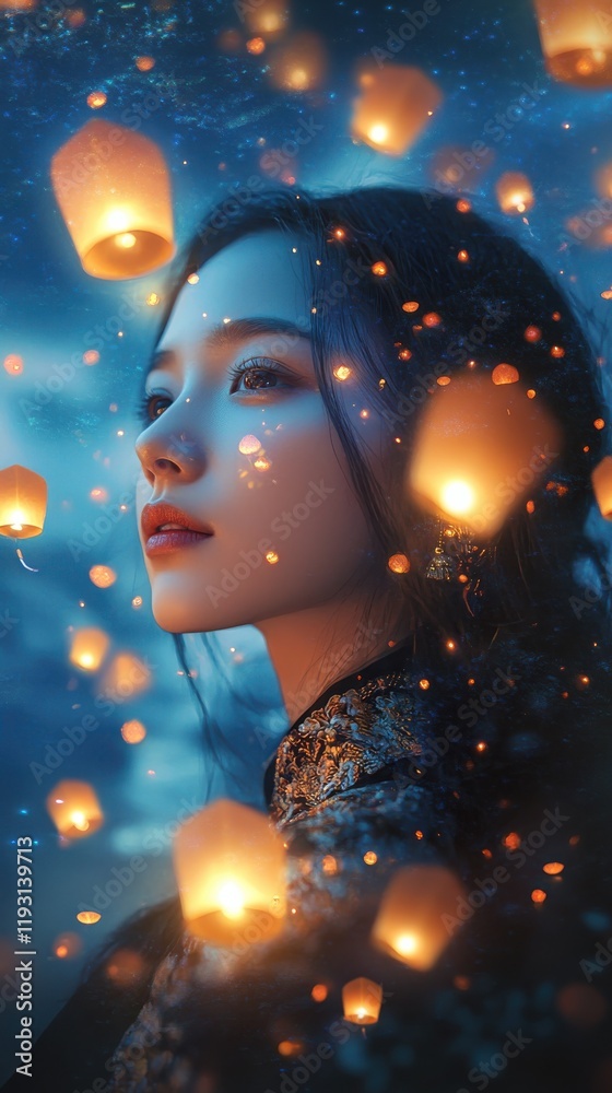 Poster surreal visualization of a woman's face illuminated by floating lanterns under a twilight sky celebr