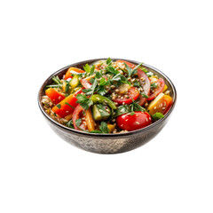 Salad Bowl: A vibrant and inviting shot of a colorful fresh salad, featuring tomatoes, herbs, and mixed vegetables in a bowl, is a delightful and healthy food choice.