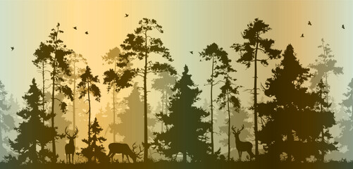 Seamless horizontal vector background. Forest with deer in green tones. Deer are drawn separately - you can move them, resize or delete them	