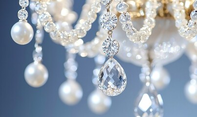 Crystal chandelier with pearl accents against a blue background, ideal for interior design or luxury themes