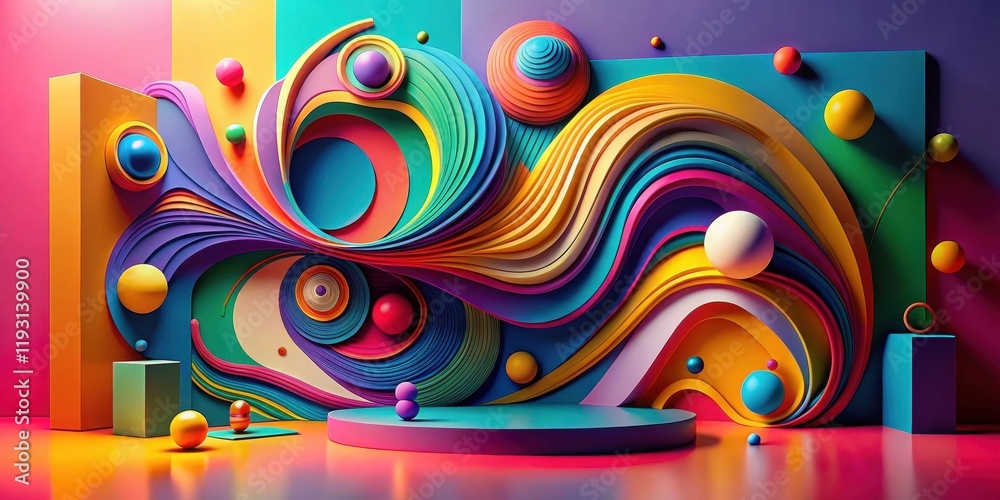 Poster Abstract Colorful Swirling Wave Design with Geometric Forms and Spheres on Display