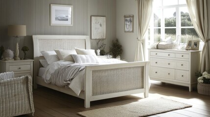 Bright bedroom with white wicker bed, dresser, and nightstand.