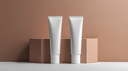 This image features two elegant white cosmetic tubes placed on minimalistic beige blocks, showcasing a modern design suitable for skincare or makeup.