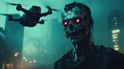 Zombie Hacker Controlling Drones with Holographic Interface in Dystopian City Nightscape