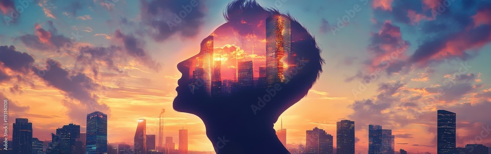 Poster surreal image of a man glowing with skyscrapers rising against a twilight sky symbolizing innovation