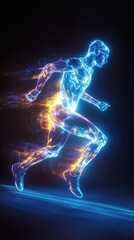 Fototapeta premium Surreal portrait of a glowing sprinter racing through radiant currents in a dynamic display of speed and motion