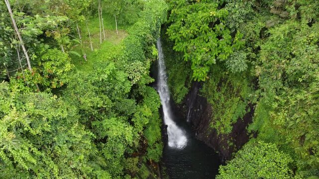 The drone view of Pete Waterfall in Banyumas Regency, Central Java, Indonesia. It was taken on January 13, 2025 by a professional. It's a wonderful landscape with a nice view