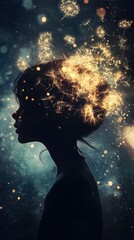 Surreal silhouette of a child filled with glowing dandelions and drifting seeds in the dark