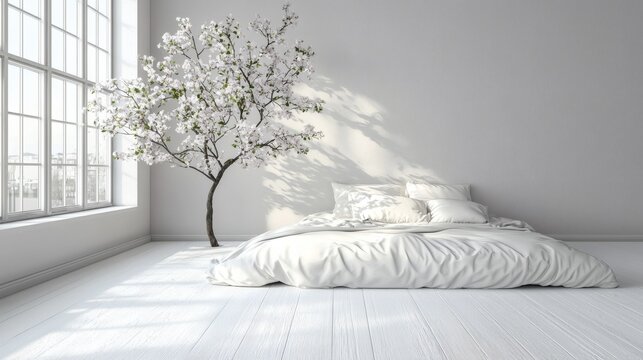 12011935 07 A minimalist bedroom setup promoting holistic health approaches for better sleep Stock Photo with side copy space
