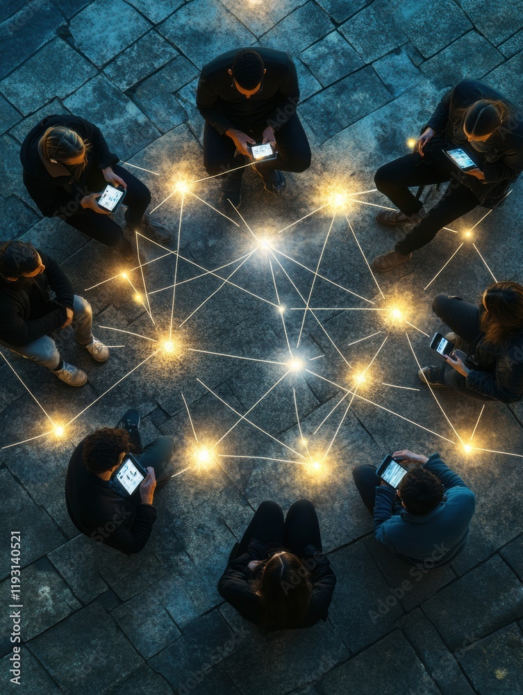 Poster group of people connected through glowing phones in a circular arrangement during nighttime gatherin